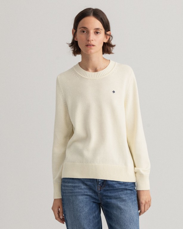 Gant Icon G Cotton Crew Neck Women\'s Crew Neck Jumpers Cream | YDKkZ1xJdaw