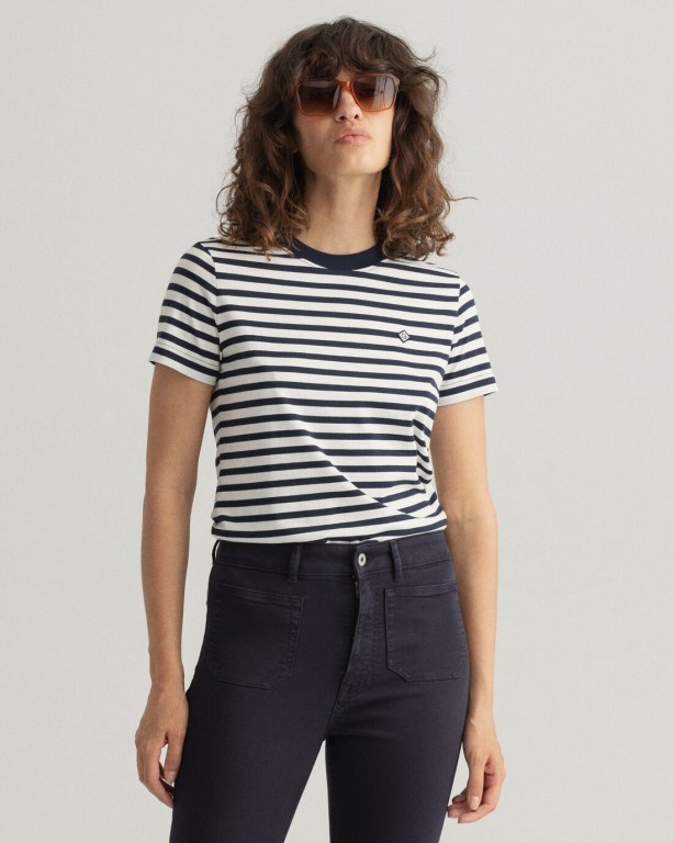 Gant Icon G Striped Women's T-shirts Blue | wQP2NOOgSPm