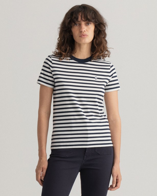 Gant Icon G Striped Women\'s T-shirts Blue | wQP2NOOgSPm