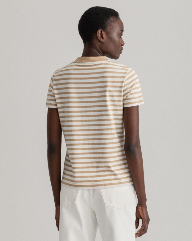 Gant Icon G Striped Women's T-shirts Dark Khaki | Nmf0MAQrYyp