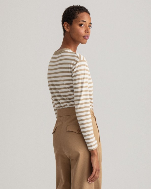 Gant Icon G Striped Women's T-shirts Dark Khaki | uQmpIF6uGI6