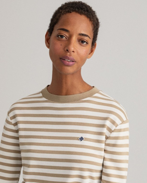 Gant Icon G Striped Women's T-shirts Dark Khaki | uQmpIF6uGI6