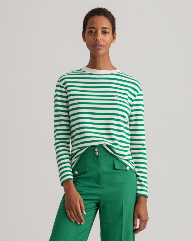 Gant Icon G Striped Women\'s T-shirts Green | 1B1oLXmhC6a