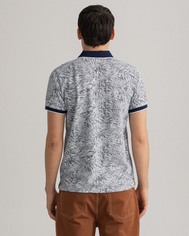 Gant Leaf Print Piqué Men's Polo Shirts Blue | FN3il1VEsI2