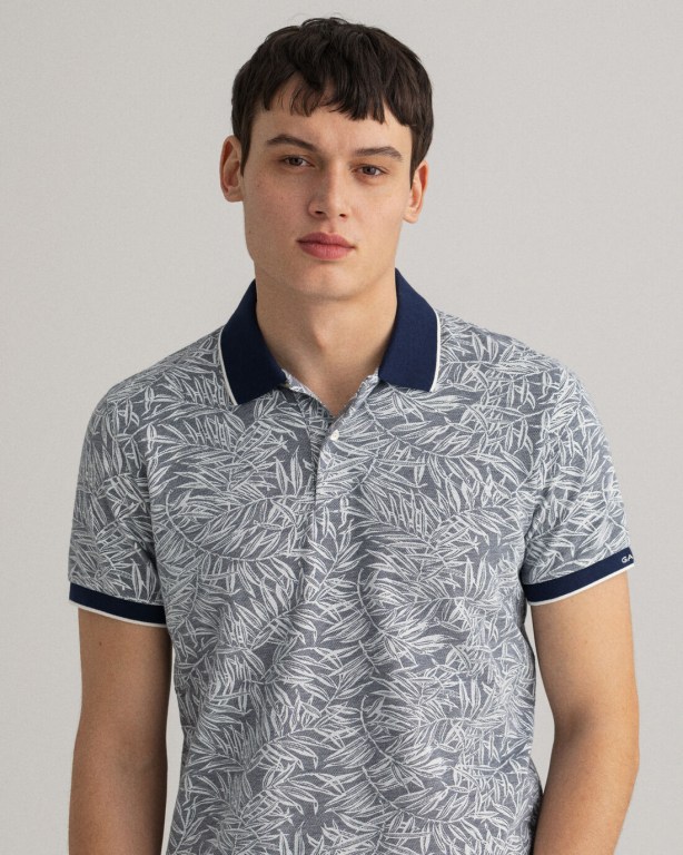 Gant Leaf Print Piqué Men's Polo Shirts Blue | FN3il1VEsI2