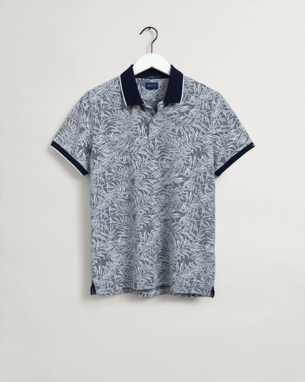 Gant Leaf Print Piqué Men's Polo Shirts Blue | FN3il1VEsI2