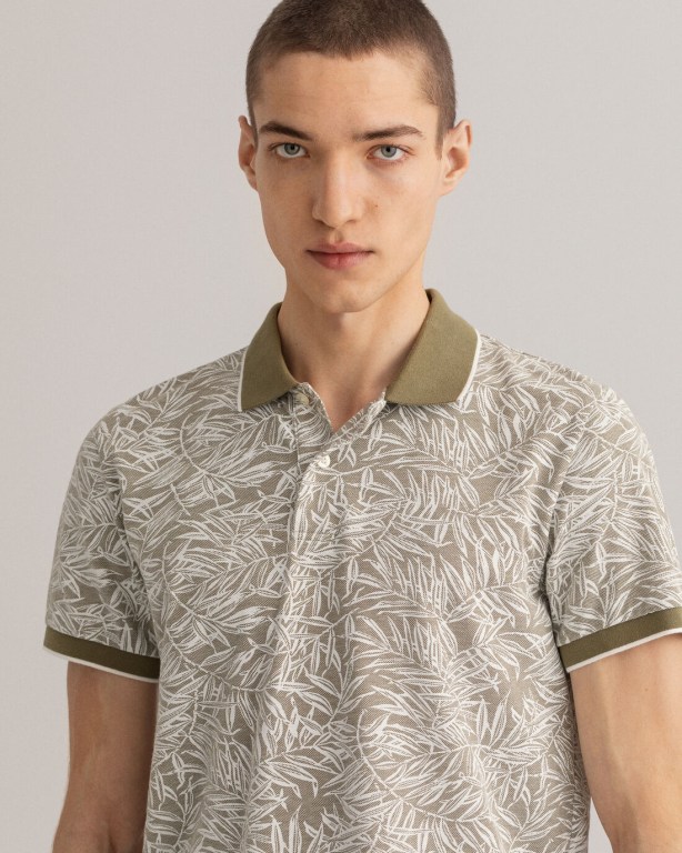 Gant Leaf Print Piqué Men's Polo Shirts Green | yxkgWH2WxNJ