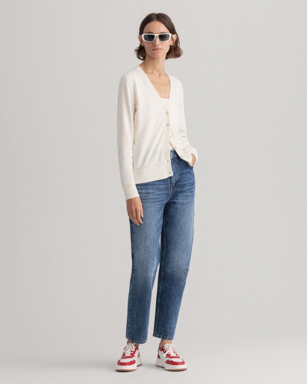 Gant Light Cotton Cardigan Women's V-neck Jumpers White | 6bvxwTIZwI2