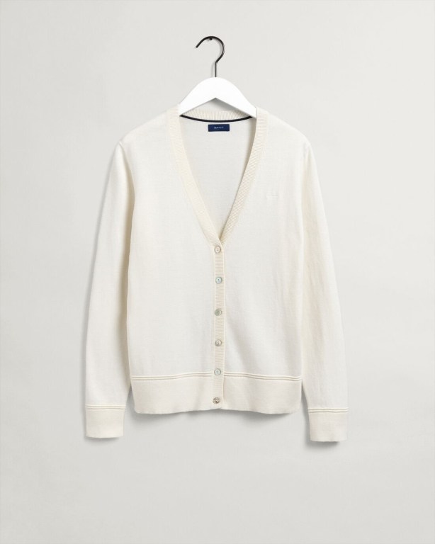 Gant Light Cotton Cardigan Women's V-neck Jumpers White | 6bvxwTIZwI2