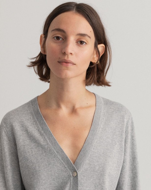 Gant Light Cotton Cardigan Women's V-neck Jumpers Grey | tmUlysODhV1