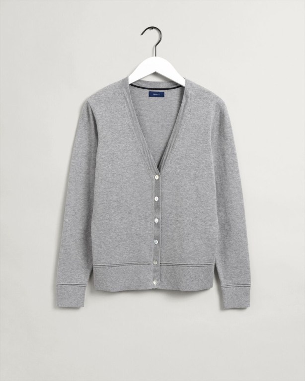 Gant Light Cotton Cardigan Women's V-neck Jumpers Grey | tmUlysODhV1