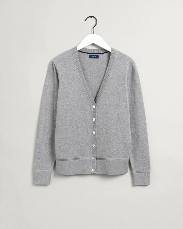 Gant Light Cotton V-Neck Women's Cardigans Grey | 7k05sCdw7M2