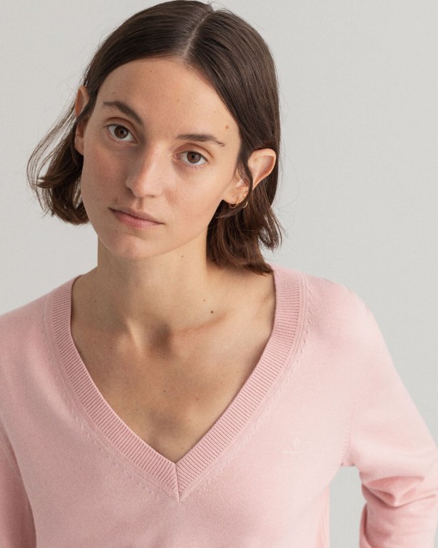 Gant Light Cotton Women's V-neck Jumpers Pink | UCnwMks9FfZ