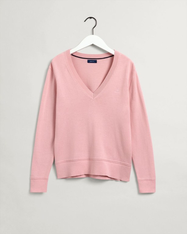 Gant Light Cotton Women's V-neck Jumpers Pink | UCnwMks9FfZ