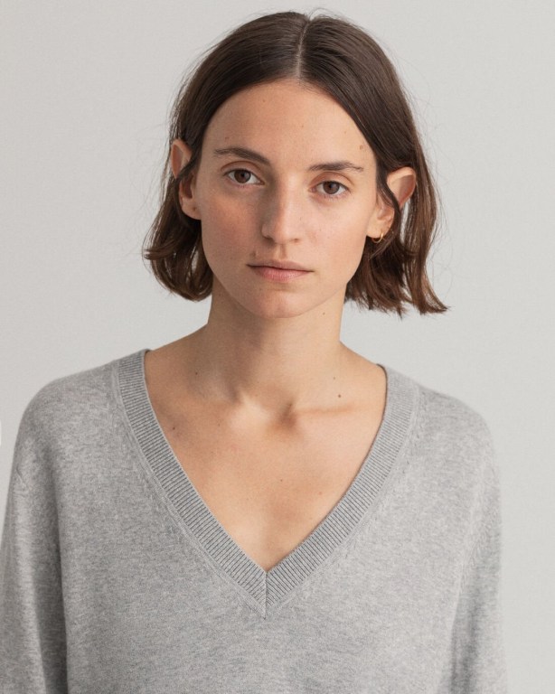 Gant Light Cotton Women's V-neck Jumpers Grey | USFKqXxhBVe