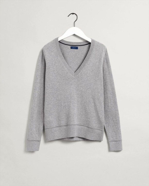 Gant Light Cotton Women's V-neck Jumpers Grey | USFKqXxhBVe