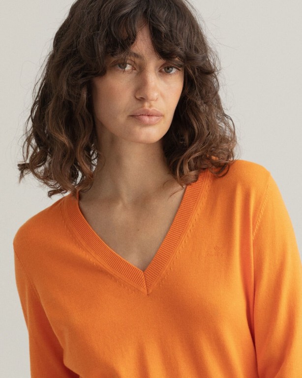 Gant Light Cotton Women's V-neck Jumpers Orange | lMMlbnOb9ub