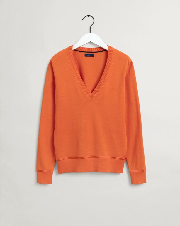 Gant Light Cotton Women's V-neck Jumpers Orange | lMMlbnOb9ub