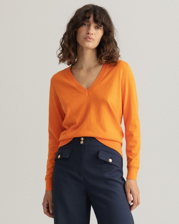 Gant Light Cotton Women\'s V-neck Jumpers Orange | lMMlbnOb9ub