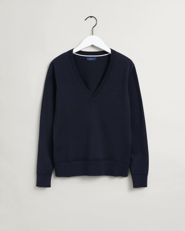 Gant Light Cotton Women's V-neck Jumpers Blue | m7BLr3rm3OO