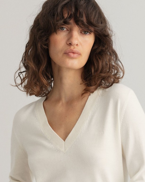 Gant Light Cotton Women's V-neck Jumpers White | uxZOsdSjgfl