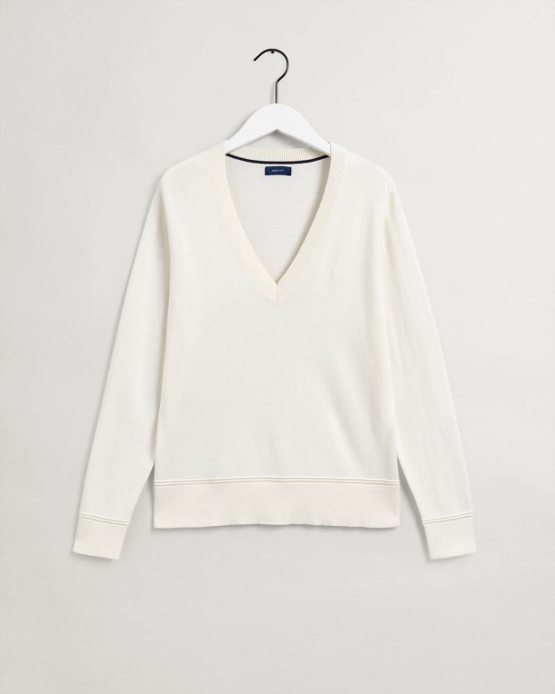 Gant Light Cotton Women's V-neck Jumpers White | uxZOsdSjgfl