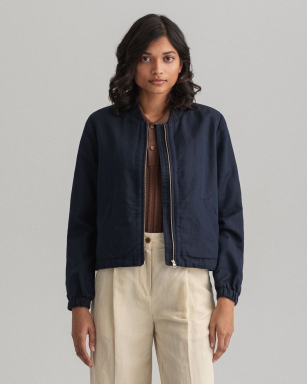 Gant Linen Blend Blouson Women\'s Jackets Blue | 2hiXDyPbDbs