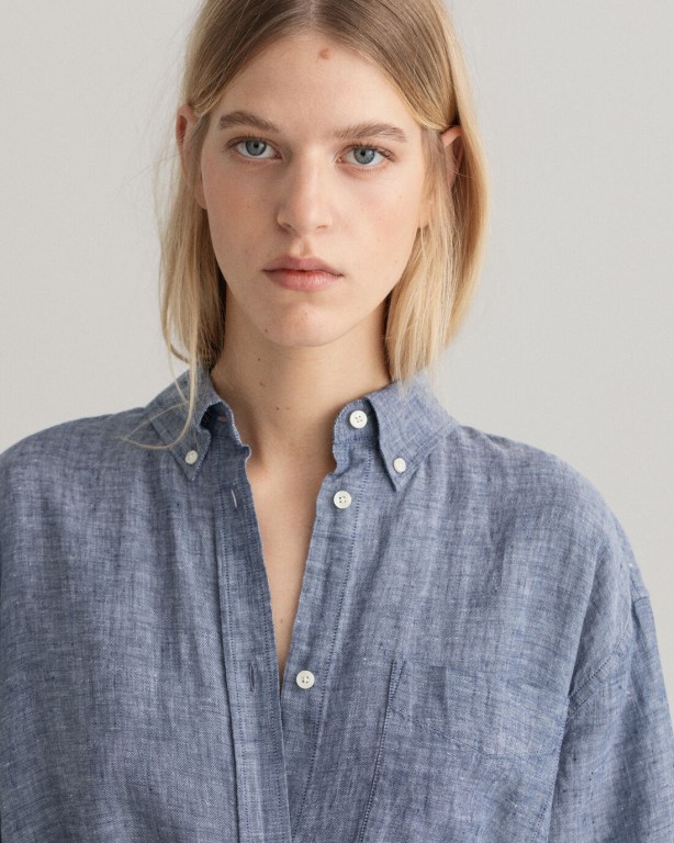 Gant Linen Chambray Shirt Women's Dresses Blue | 9Tv51mNSaT7