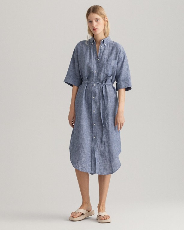 Gant Linen Chambray Shirt Women's Dresses Blue | 9Tv51mNSaT7