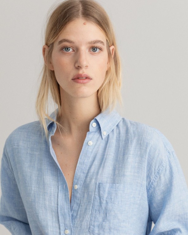 Gant Linen Chambray Shirt Women's Dresses Silver Blue | FwVOv8MrTH9