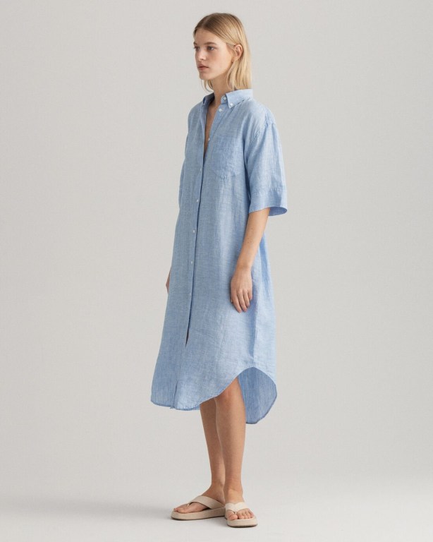 Gant Linen Chambray Shirt Women's Dresses Silver Blue | FwVOv8MrTH9