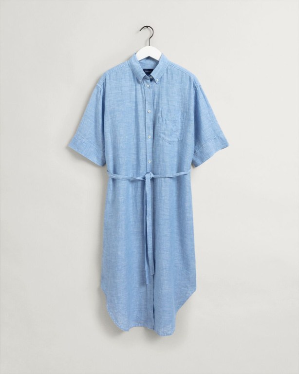 Gant Linen Chambray Shirt Women's Dresses Silver Blue | FwVOv8MrTH9