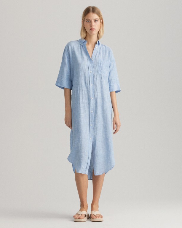 Gant Linen Chambray Shirt Women\'s Dresses Silver Blue | FwVOv8MrTH9