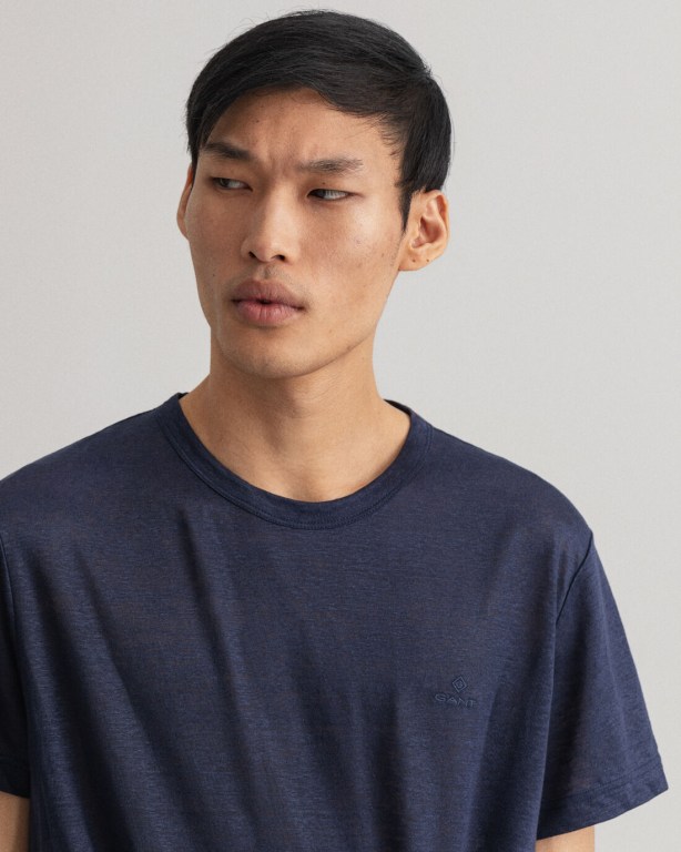 Gant Linen Men's T-shirts Blue | xpPL4FyuqYc