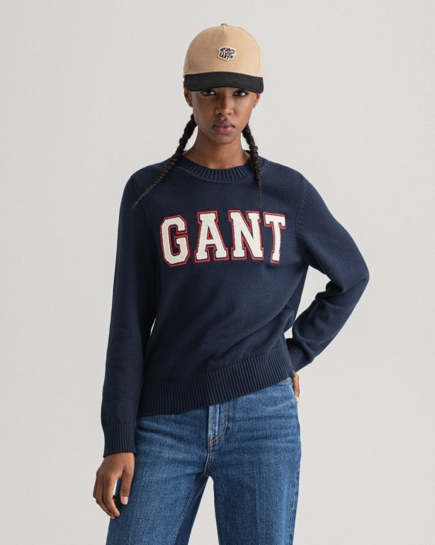 Gant Logo Cotton Crew Neck Women\'s Crew Neck Jumpers Blue | 7cPMTLxiCQS