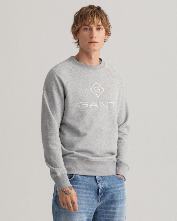 Gant Logo Crew Neck Men's Sweatshirts Grey | Ed5RY4dbaNb