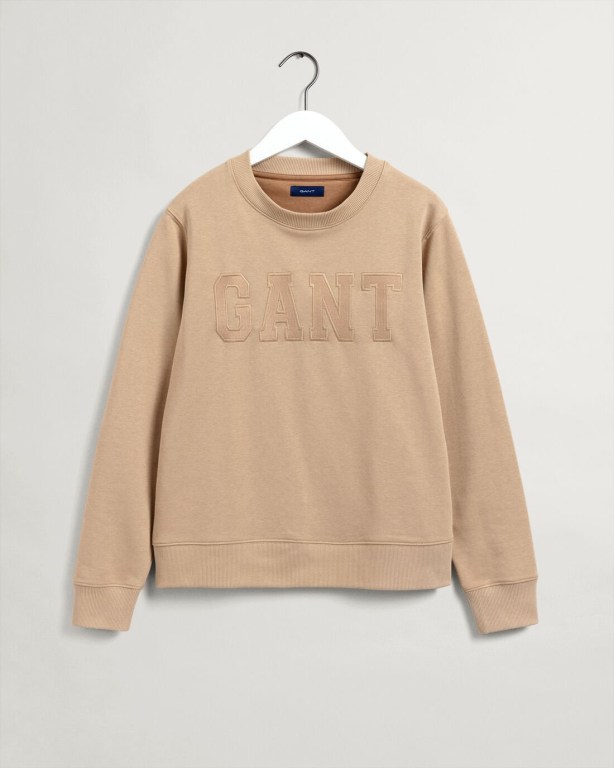 Gant Logo Crew Neck Women's Sweatshirts Dark Khaki | ZxE4nbFjFsJ