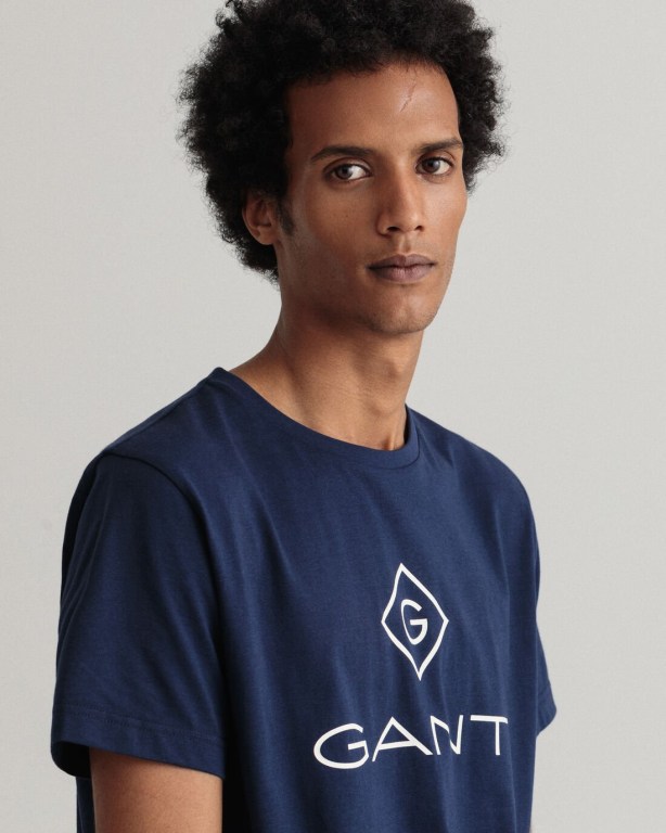 Gant Logo Men's T-shirts Blue | 09ILqOG3Oli