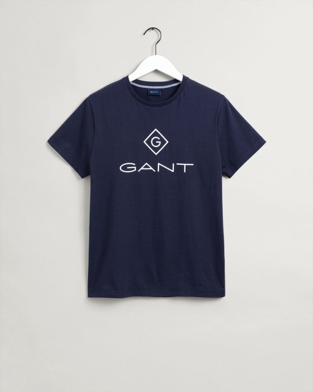 Gant Logo Men's T-shirts Blue | 09ILqOG3Oli