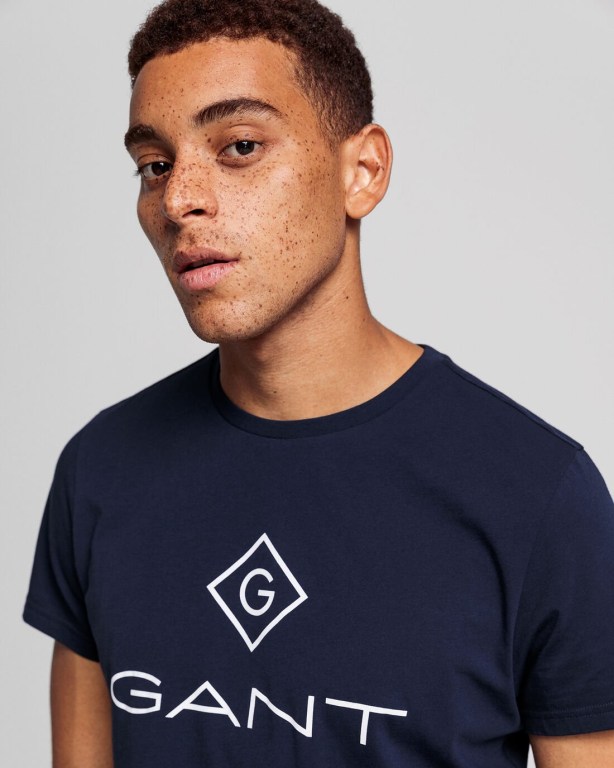 Gant Logo Men's T-shirts Blue | 09ILqOG3Oli