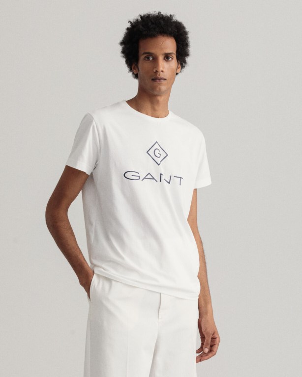 Gant Logo Men\'s T-shirts White | FVE01mpDA6Q