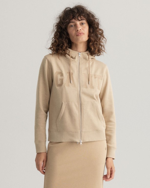 Gant Logo Zip Women's Hoodies Dark Khaki | QNEm185JBPn