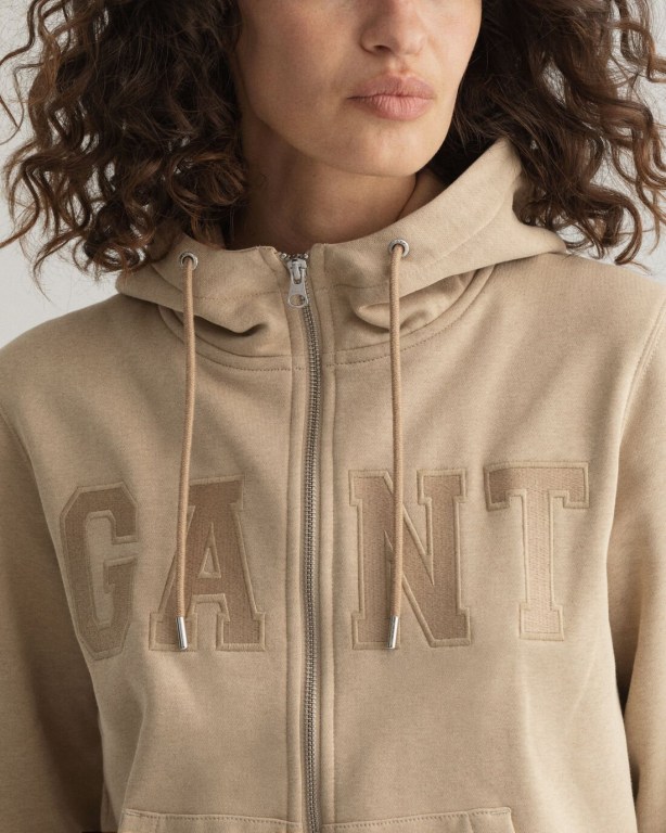 Gant Logo Zip Women's Hoodies Dark Khaki | QNEm185JBPn