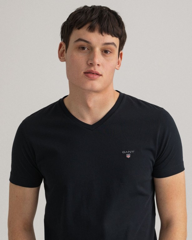 Gant Original Slim Fit V-Neck Men's T-shirts Black | ps1WzpneFlw