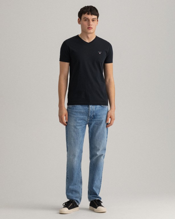 Gant Original Slim Fit V-Neck Men's T-shirts Black | ps1WzpneFlw