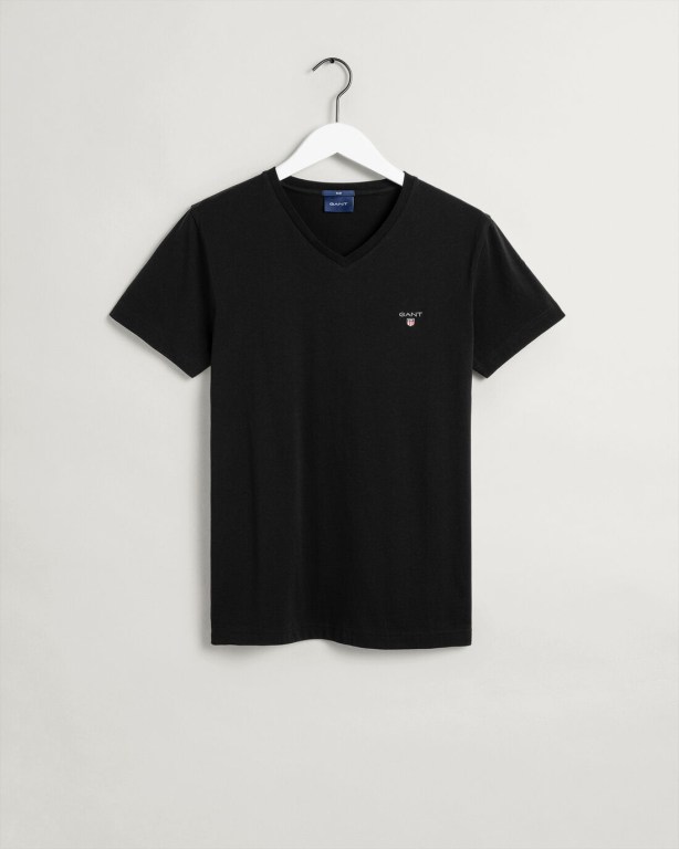 Gant Original Slim Fit V-Neck Men's T-shirts Black | ps1WzpneFlw