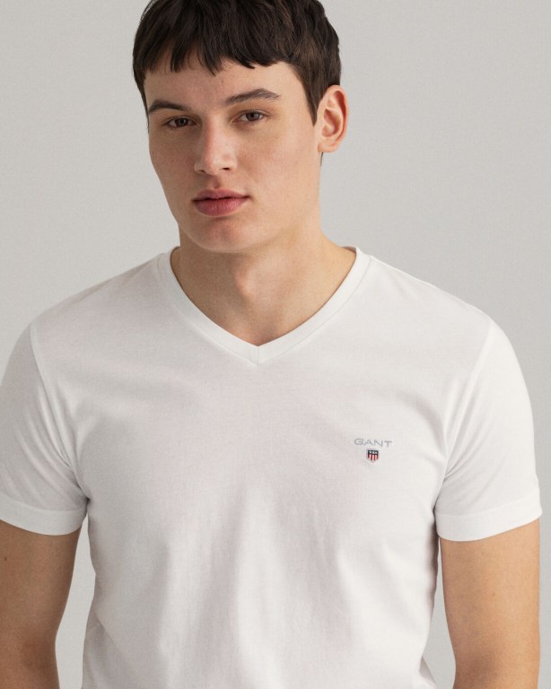 Gant Original Slim Fit V-Neck Men's T-shirts White | wWuuSPrJVka