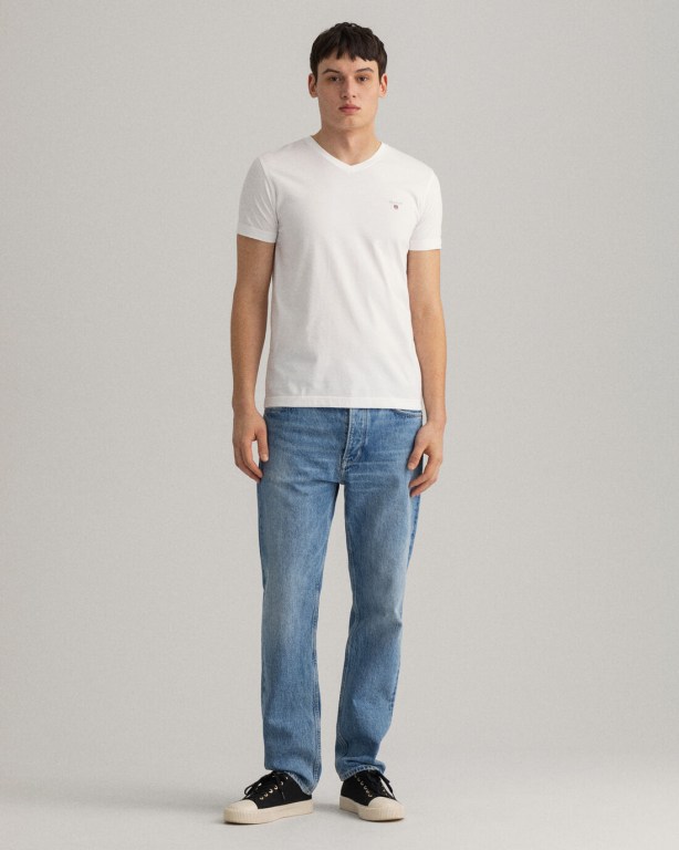 Gant Original Slim Fit V-Neck Men's T-shirts White | wWuuSPrJVka