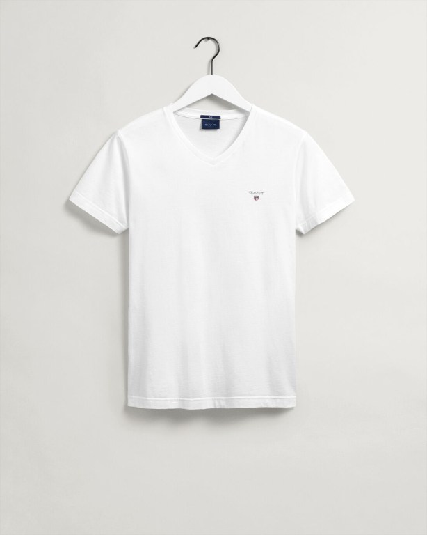 Gant Original Slim Fit V-Neck Men's T-shirts White | wWuuSPrJVka