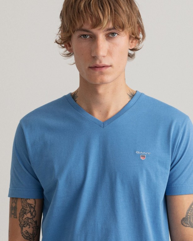 Gant Original Slim Fit V-Neck Men's T-shirts Blue | z6QAGypN7em